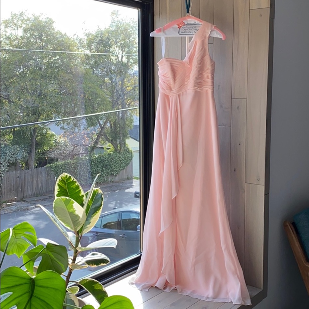 David’s Bridal blush pink one shoulder dress